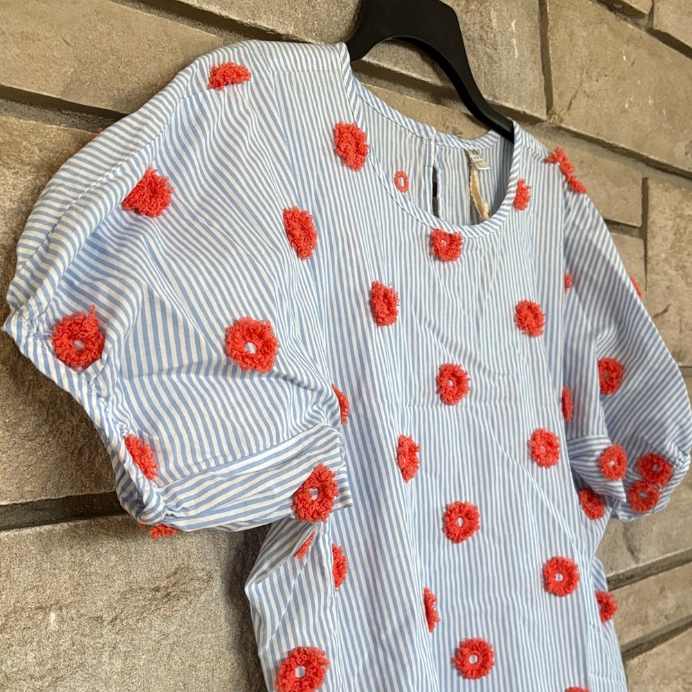 Uncle Frank Blue Striped Shift Dress with 3D Floral Embroidered Accents - Picture 3 of 11
